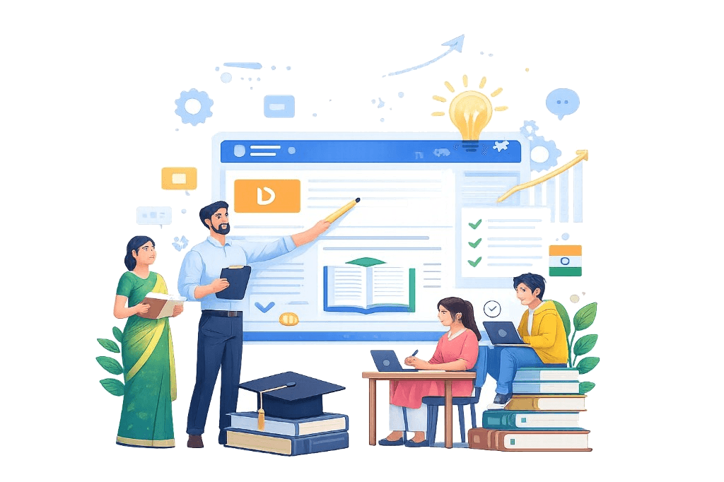 Teachers and students in a modern NEP 2020 digital learning environment