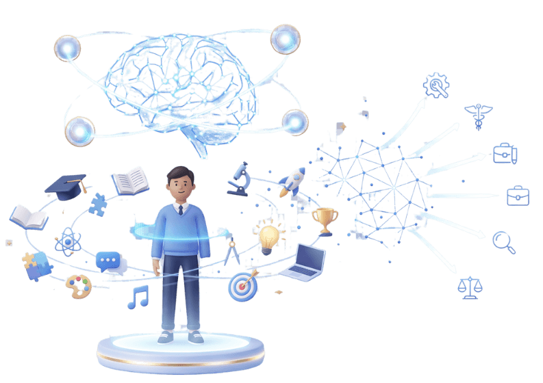 Student surrounded by learning icons with career pathways branching from a connected network