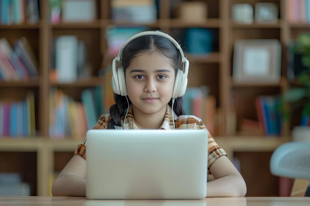 Student learning online with laptop and headphones