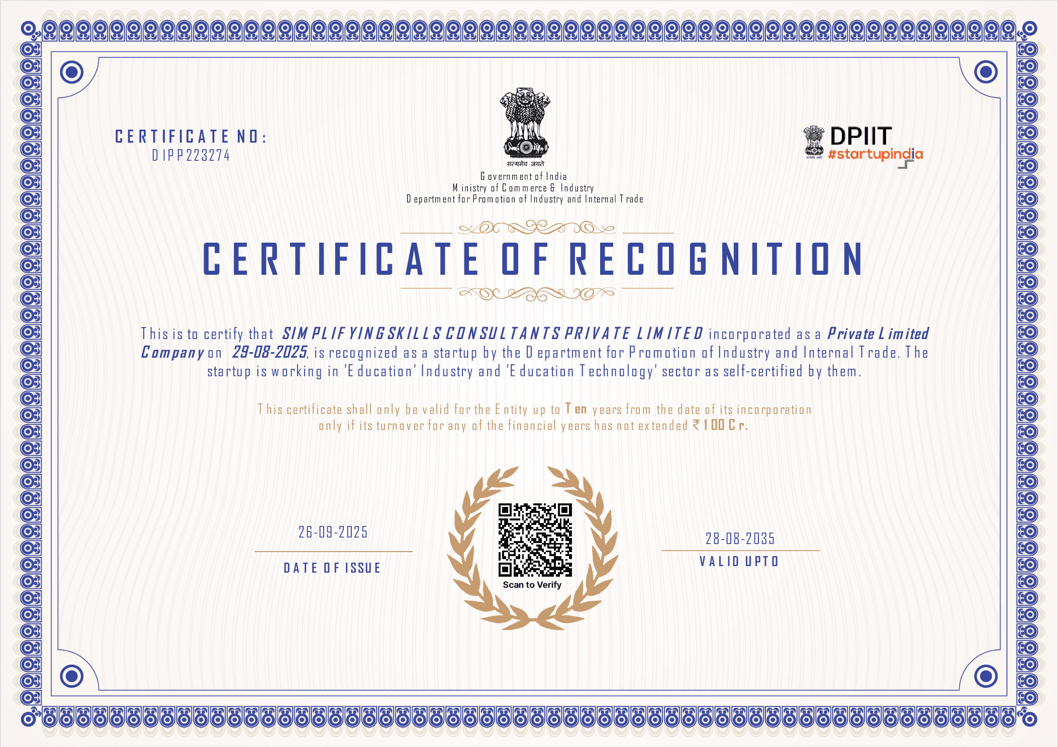 DPIIT Certificate of Recognition for SimplifyingSkills Consultants Pvt. Ltd.